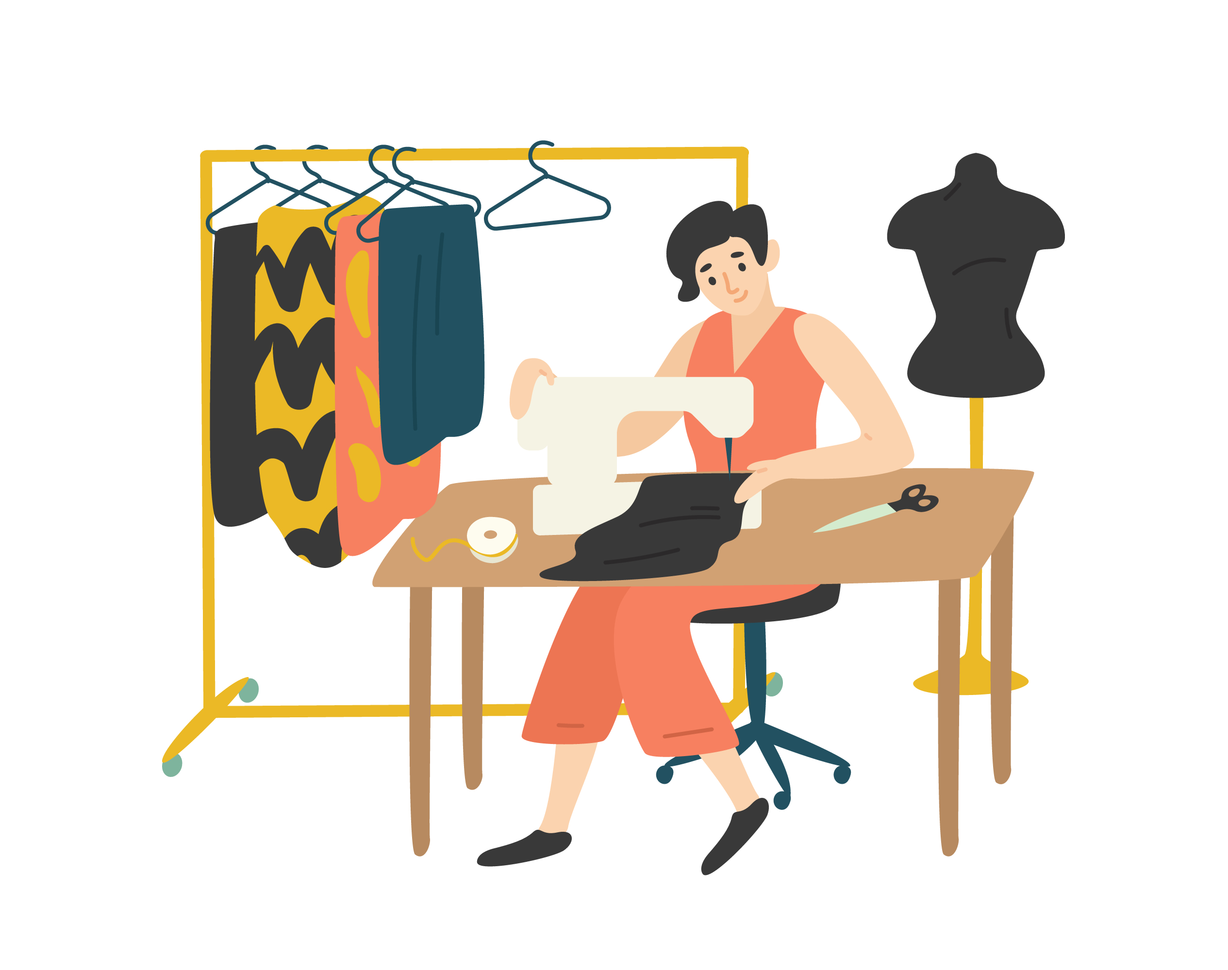 Illustration of student sewing with domestic machine